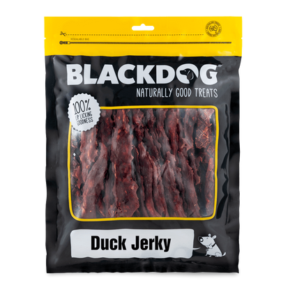 Front of pack of Blackdog Duck Jerky Dog Treats