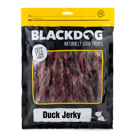 Front of pack of Blackdog Duck Jerky Dog Treats