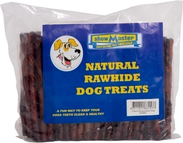 Pack of 100 Rawhide Twist Sticks in beef flavour