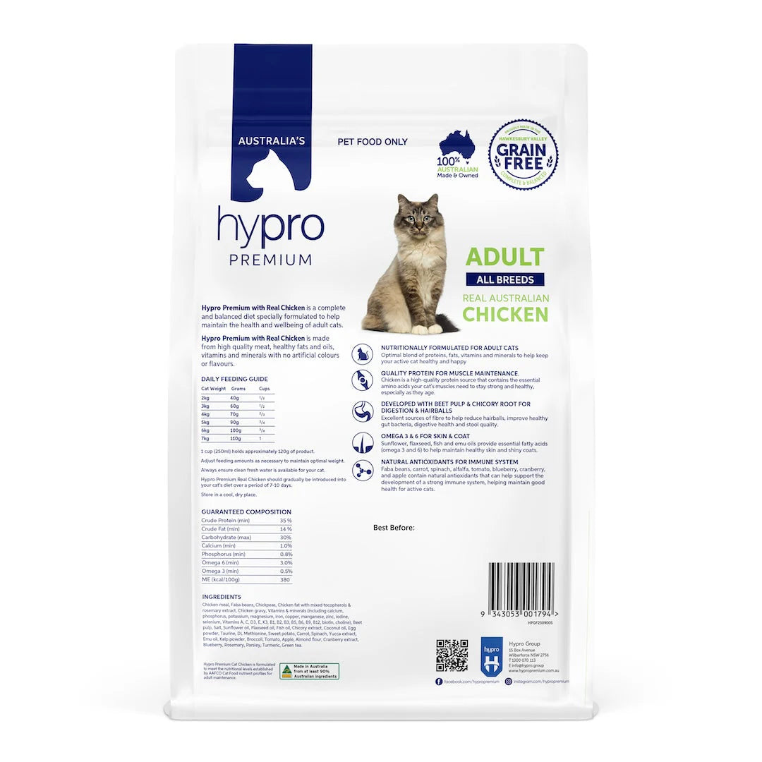 Hypro Premium Grain Free Adult Cat Chicken kibble bag back label