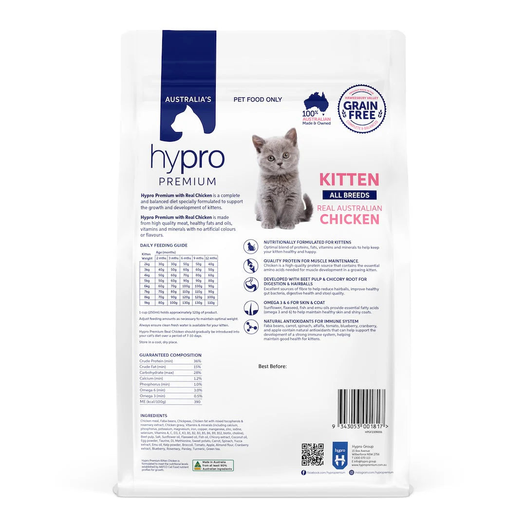Hypro Premium Grain Free Kitten Chicken kibble bag back label