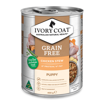 Ivory Coat Grain Free wet dog food puppy chicken stew label