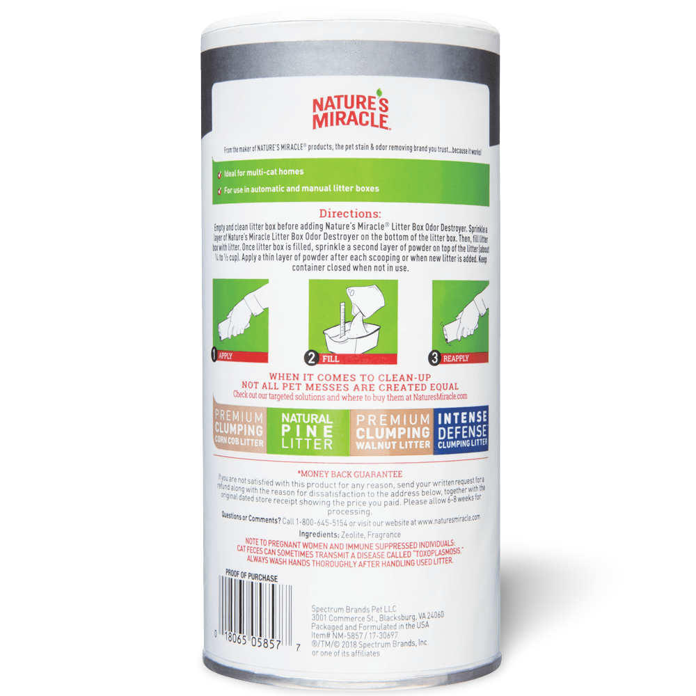 Back of Nature's Miracle Litter Deodorizing Powder container showing directions