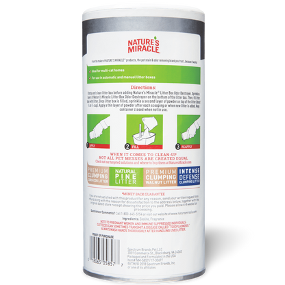 Back of Nature's Miracle Litter Deodorizing Powder container showing directions