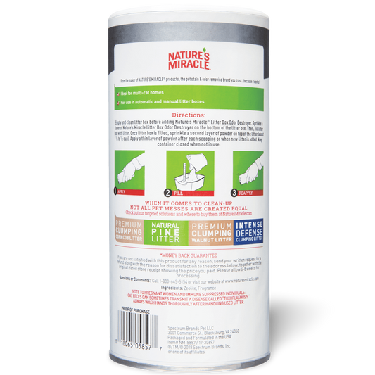 Back of Nature's Miracle Litter Deodorizing Powder container showing directions