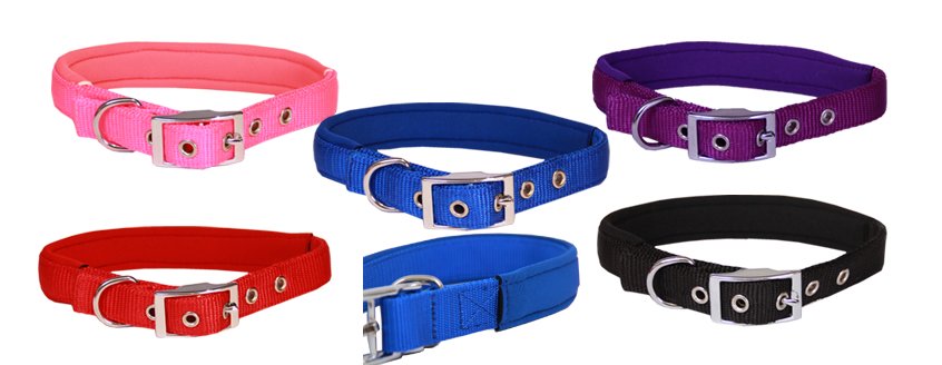 Beau Pets black collar laid flat showing soft neoprene inner lining and eyelets