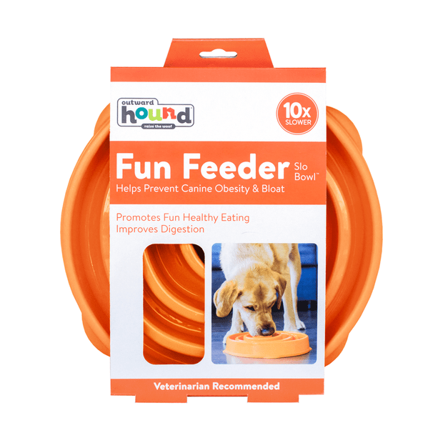 Outward Hound Fun Feeder Slo Bowl in orange, maze pattern view