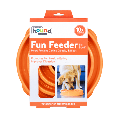 Outward Hound Fun Feeder Slo Bowl in orange, maze pattern view