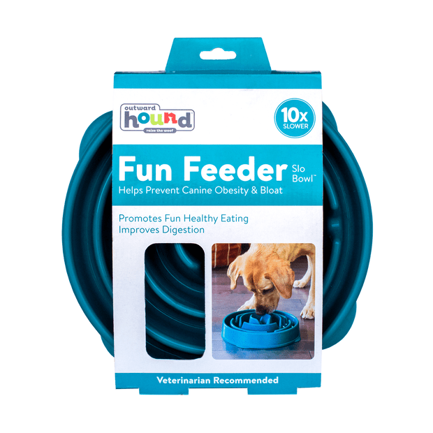 Outward Hound Fun Feeder Slo Bowl in teal, maze pattern view