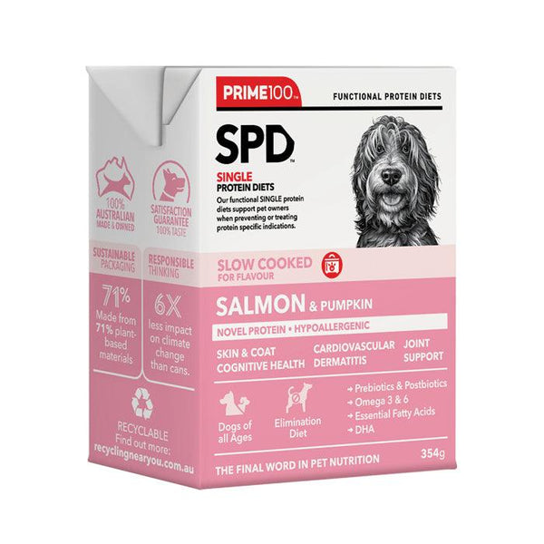 Prime100 SPD Slow Cooked Salmon & Pumpkin 354g roll pack, front view