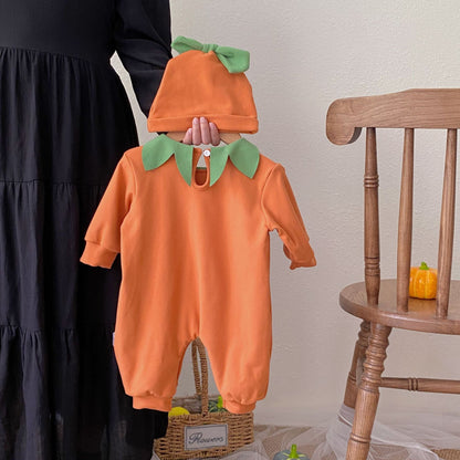 Autumn Arrival Baby Unisex Sleeveless Halloween Pumpkin Pattern Rompers with Hat-1