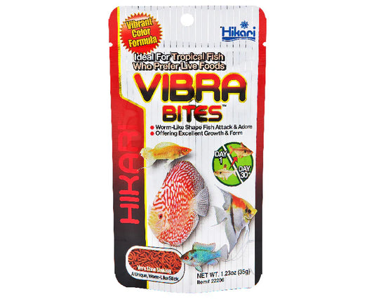 Hikari Vibra Bites tropical fish food pack front showing the worm shaped sticks